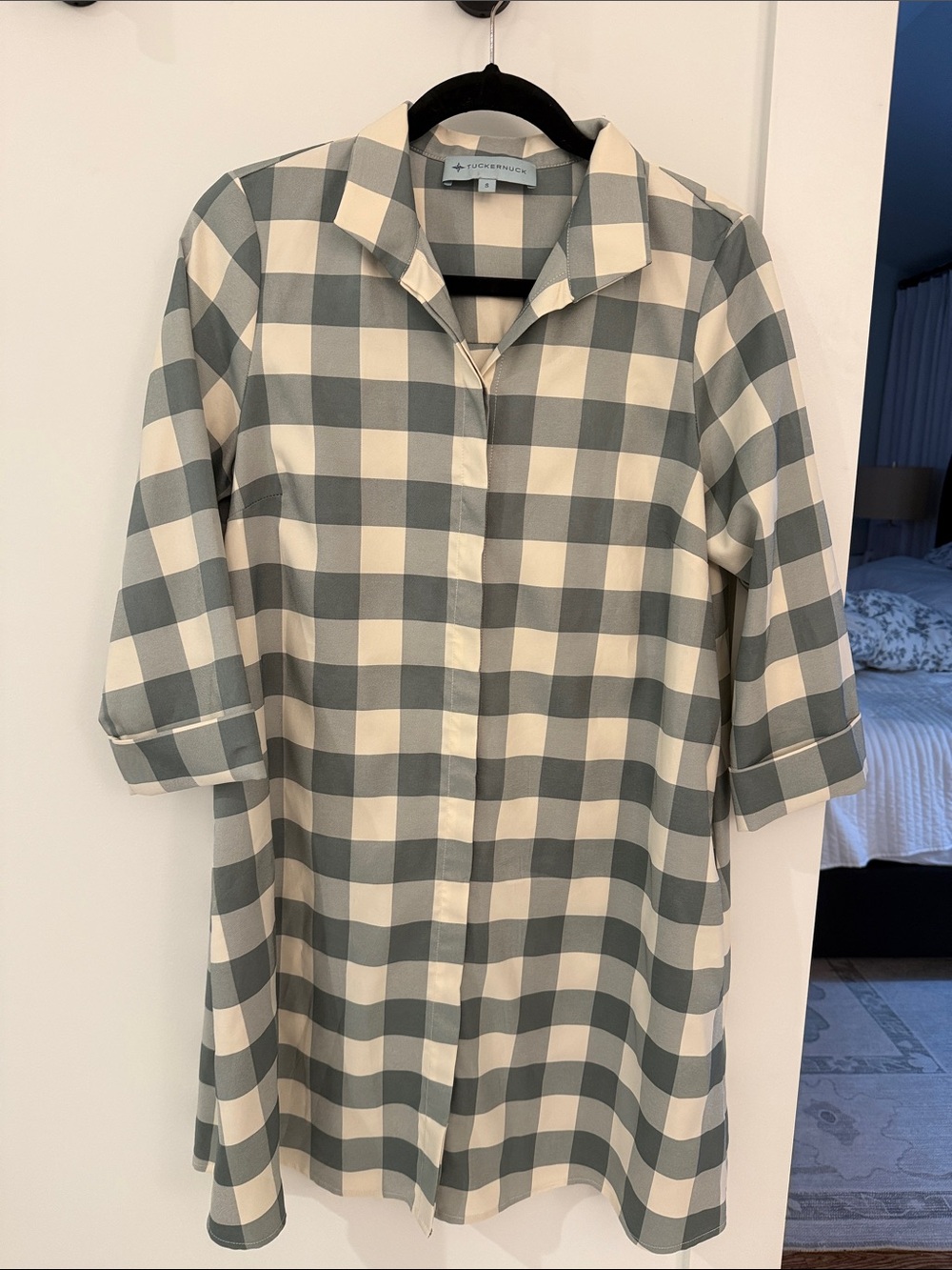 Tuckernuck Gingham Blue and Cream Check Button-Front Mini Dress Size Small
